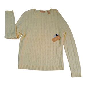 Kate Hill Women's Cable Knit Pastel Yellow Preppy Long Sleeve Pima Cotton Large